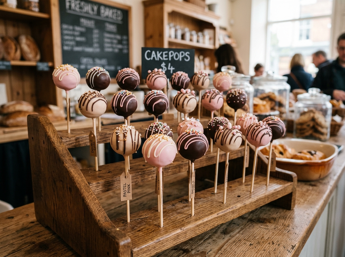 Gourmet bakery cakepops with pastel chocolate drizzle and sprinkles
