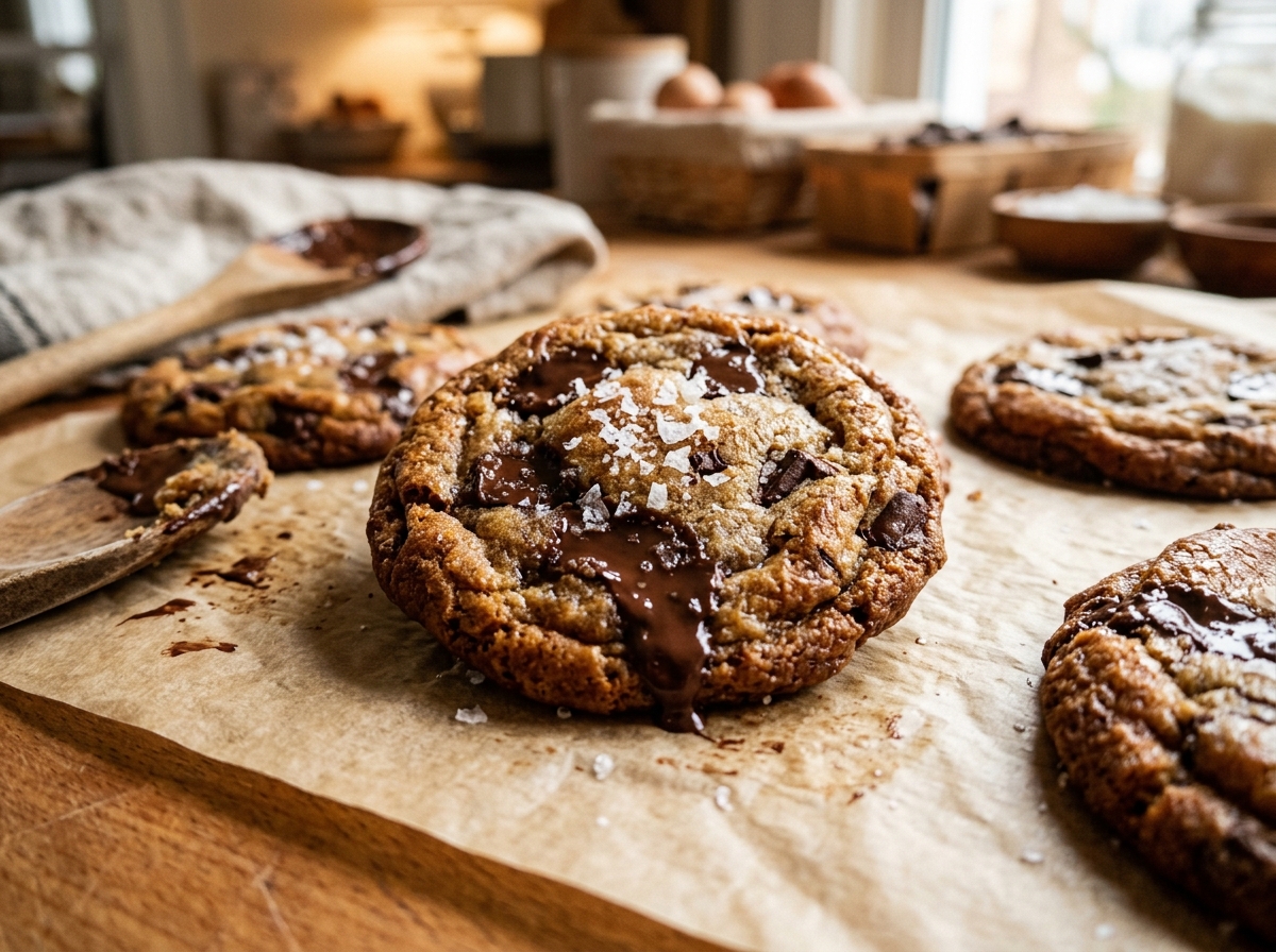 Gourmet brown butter chocolate chunk cookies with flaky sea salt