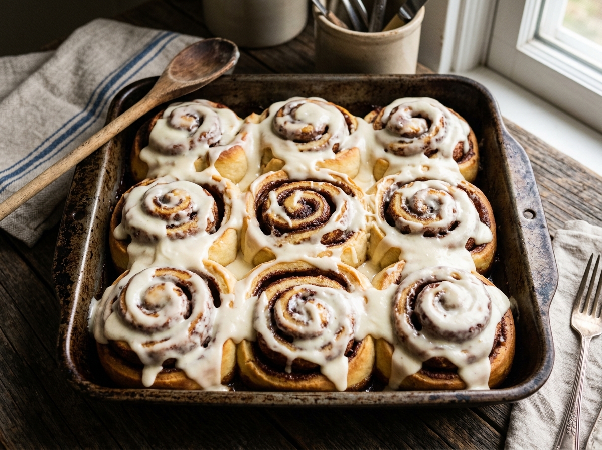 Freshly baked giant cinnamon rolls with thick cream cheese icing
