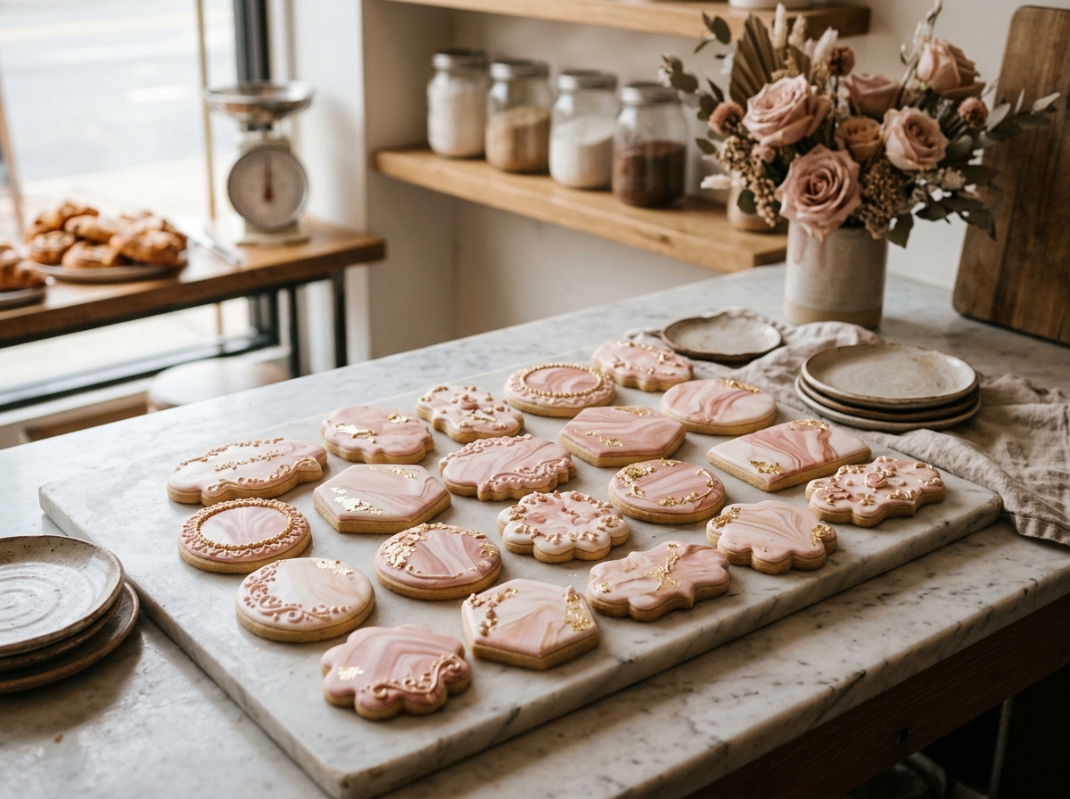 Artisanal decorated sugar cookies with marble royal icing